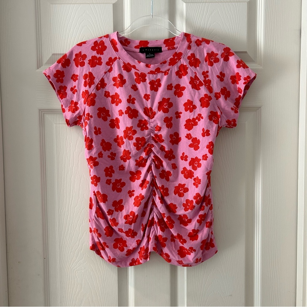 Sanctuary Pink and Red Floral Print Ruched T-Shirt Pima Cotton Blend